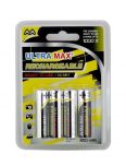 Ultramax Rechargeable AA Size Battery, NIMH 800 mAh, 1.2v. 4 Batteries in a Pack.