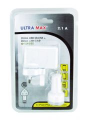 Ultra Max Mains + Car USB Charger 2.1A