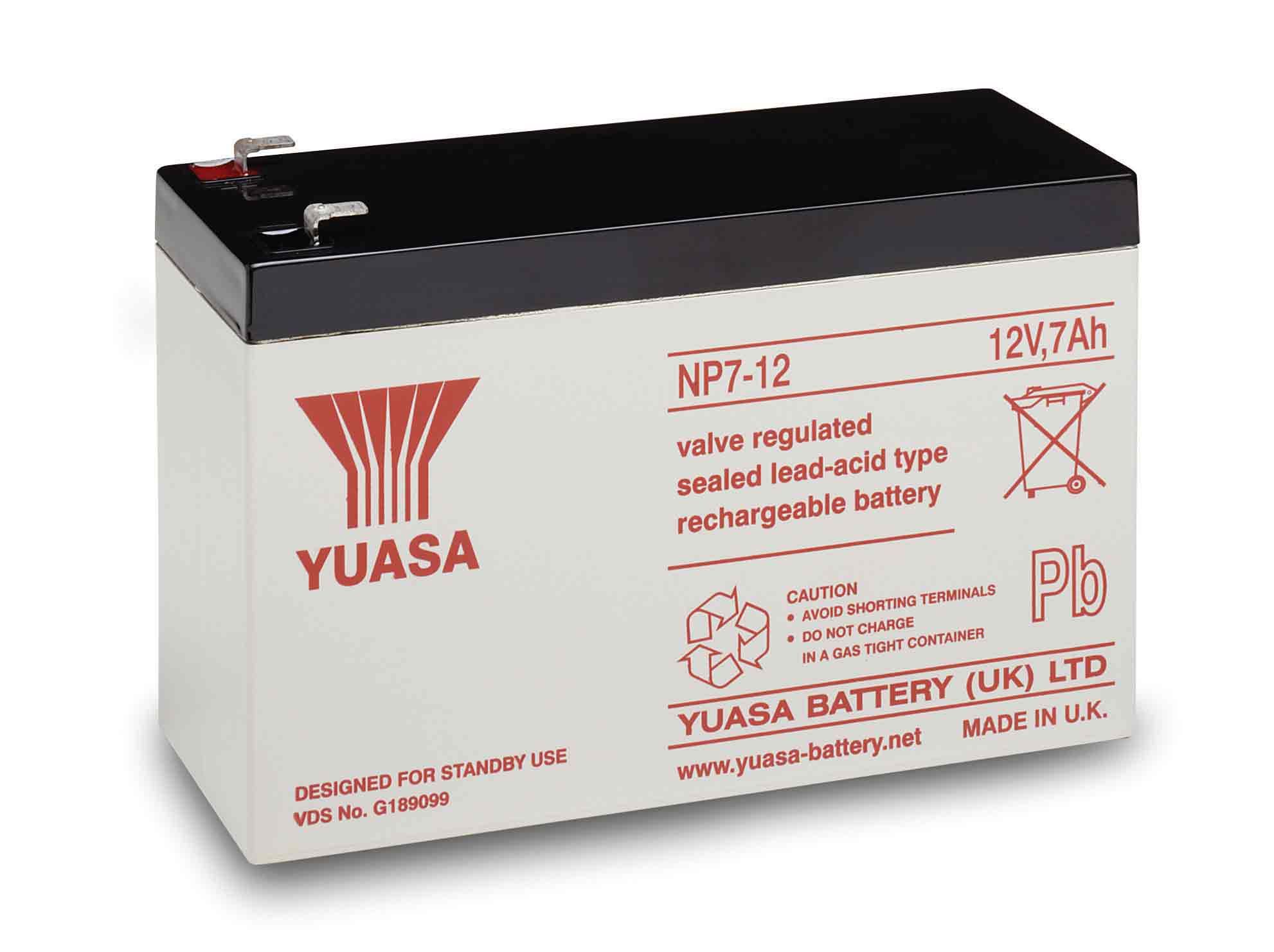 YUASA NP7-12, 12V 7AH 20HR VALVE REGULATED LEAD ACID BATTERY (AS 6AH, 7.2AH, 7.5AH & 8AH) with 4.8mm / 0.187" WIDE MALE SPADE CONNECTIONS